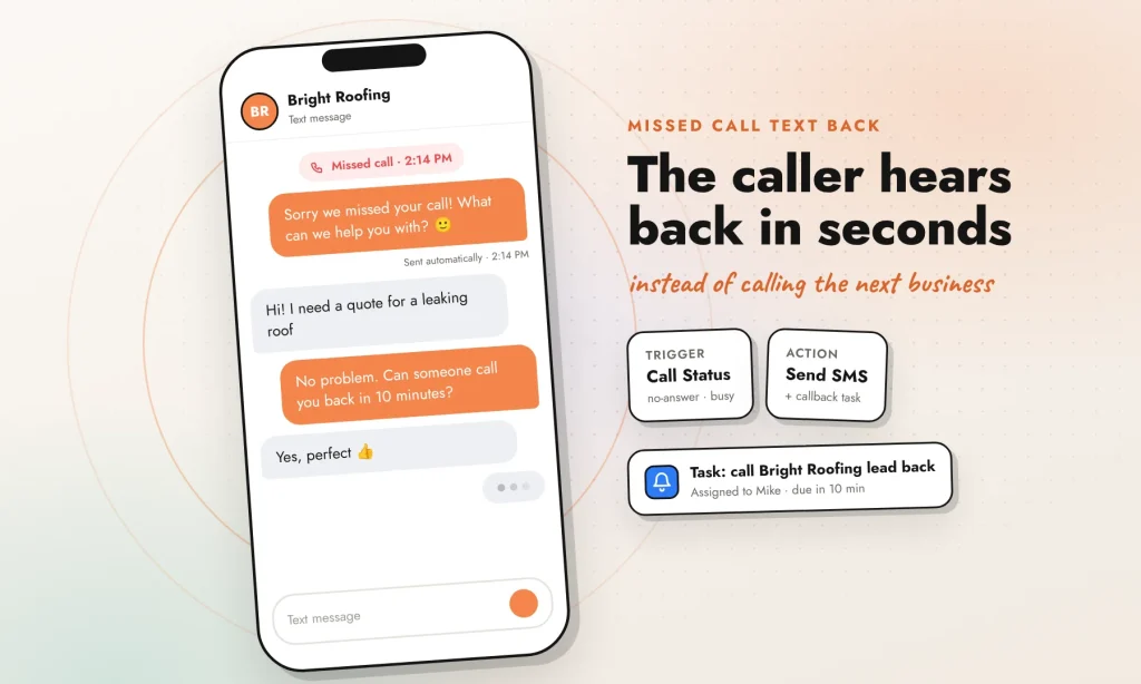 Missed call text back in GoHighLevel shown on a phone: automatic SMS reply after an unanswered call