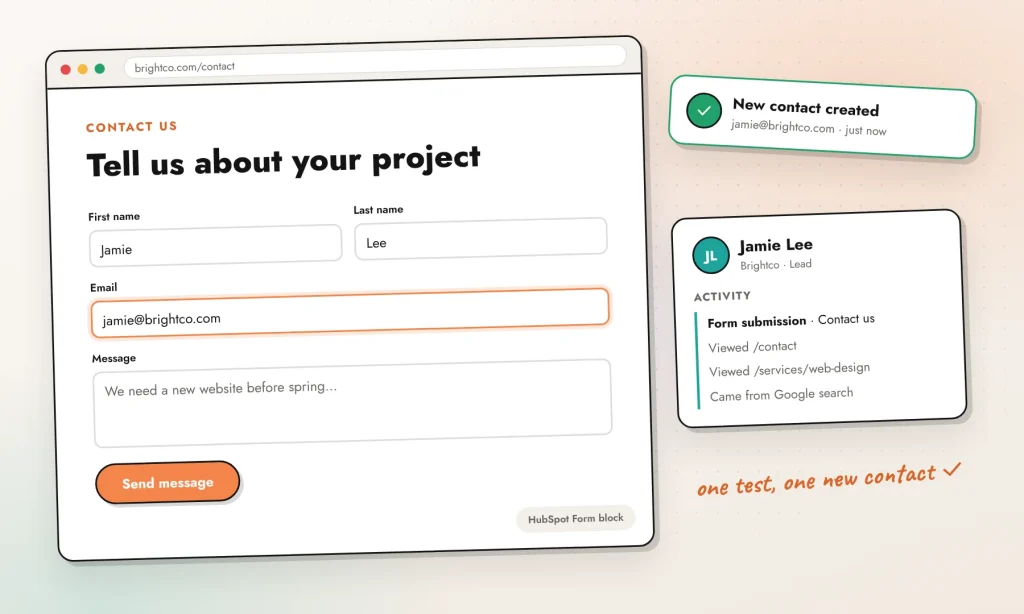 HubSpot form on a WordPress page with a confirmation that a new contact was created in HubSpot